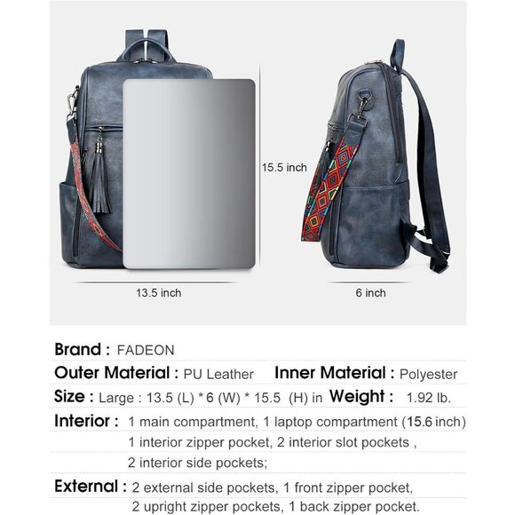 Women's Dusty Blue Retro Style Backpack Designer 15.6 inch PU Leather Laptop Bag - Picture 4 of 9